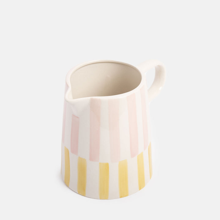 hand painted ceramic stoneware jug with pink & yellow offset stripe design and elongated handle