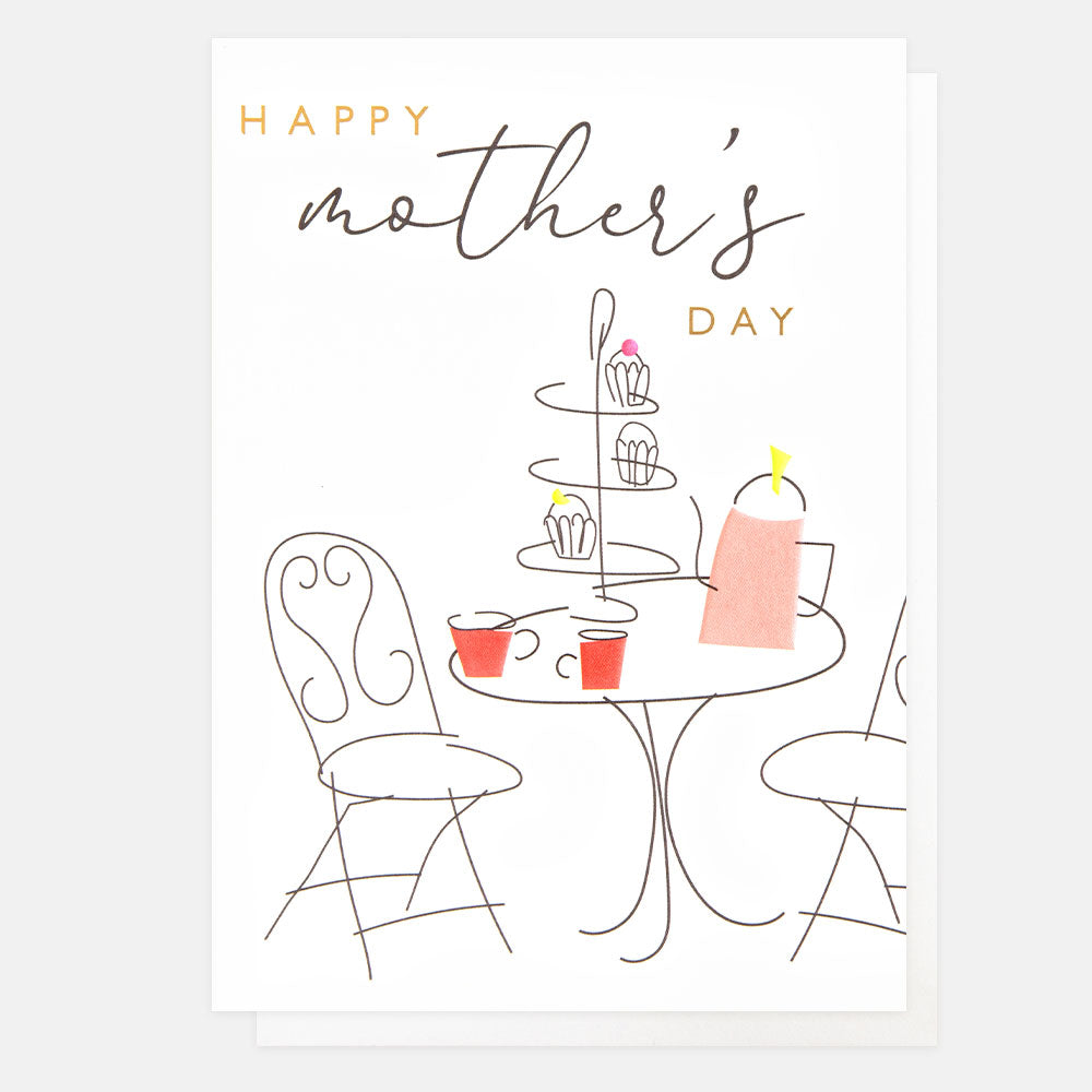 afternoon tea scene with cakes on a stand and cups of tea happy mother's day card