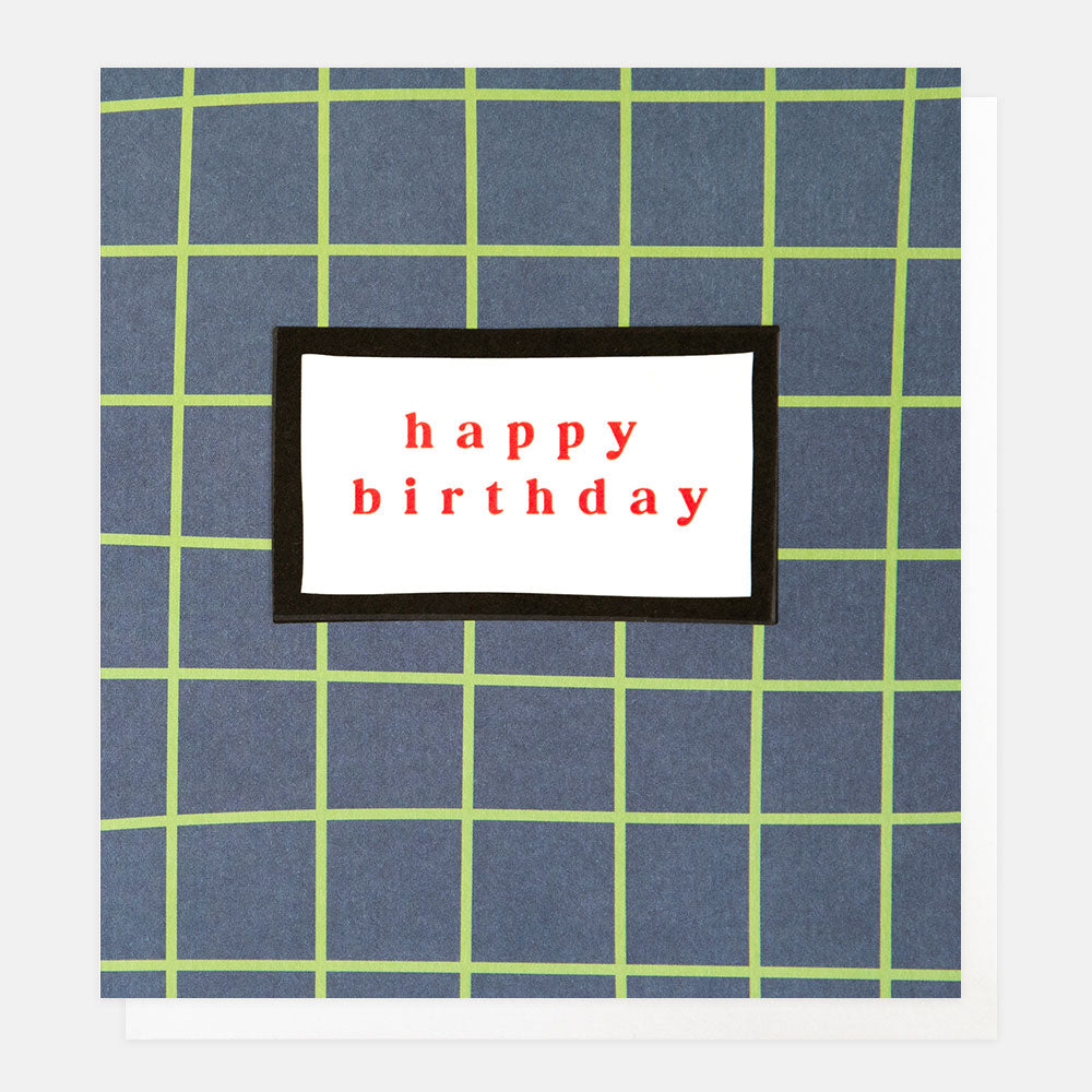 blue & green line grid check happy birthday card