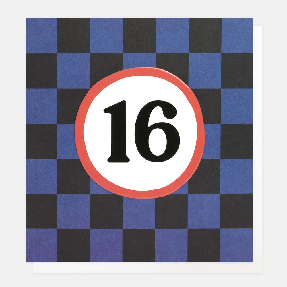 blue & black grid check with 16 in a red stop sign circle 16th birthday card