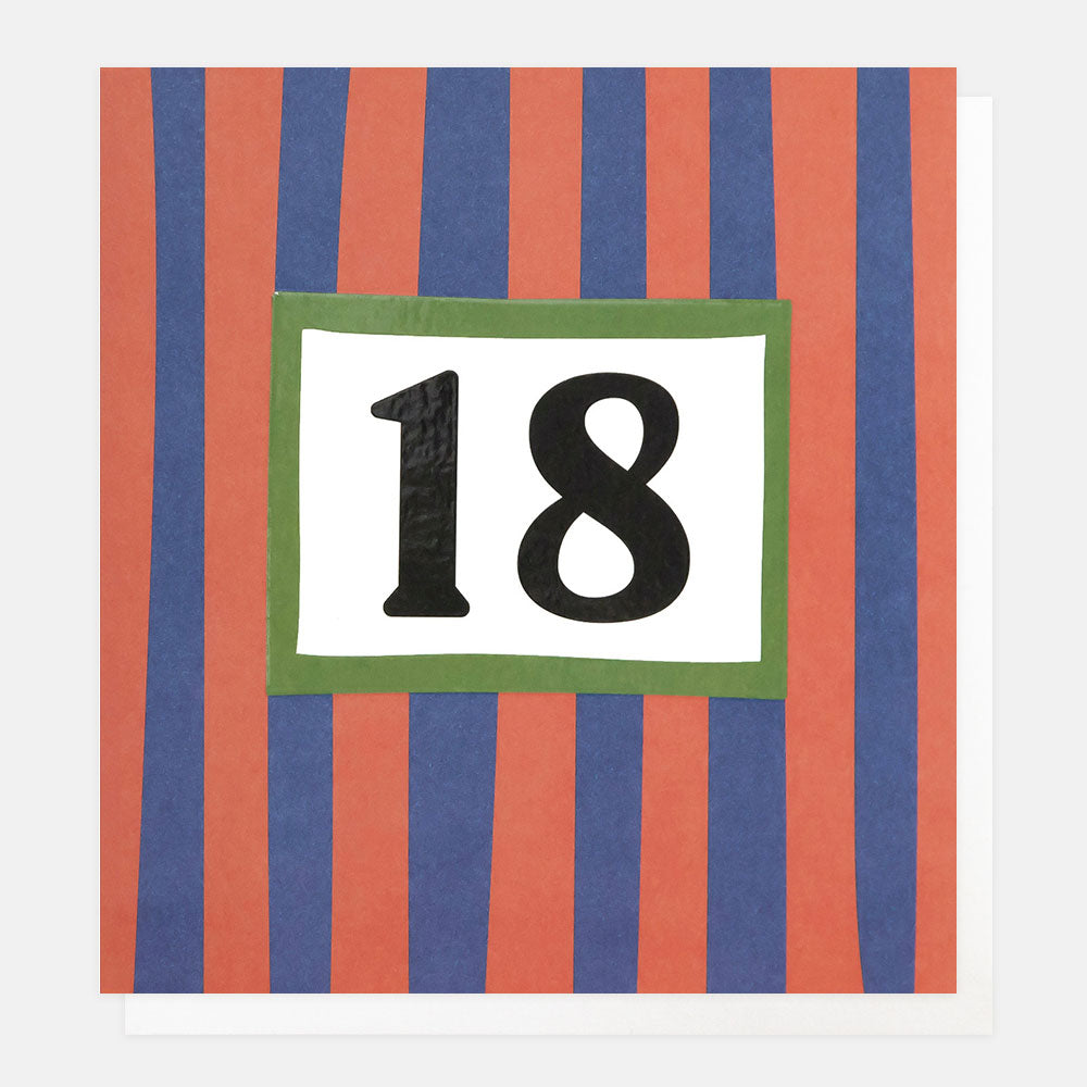 red & blue stripe with 18 in a green box 18th birthday card