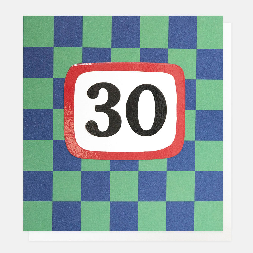 blue & green grid check with 30 in a red box 30th birthday card