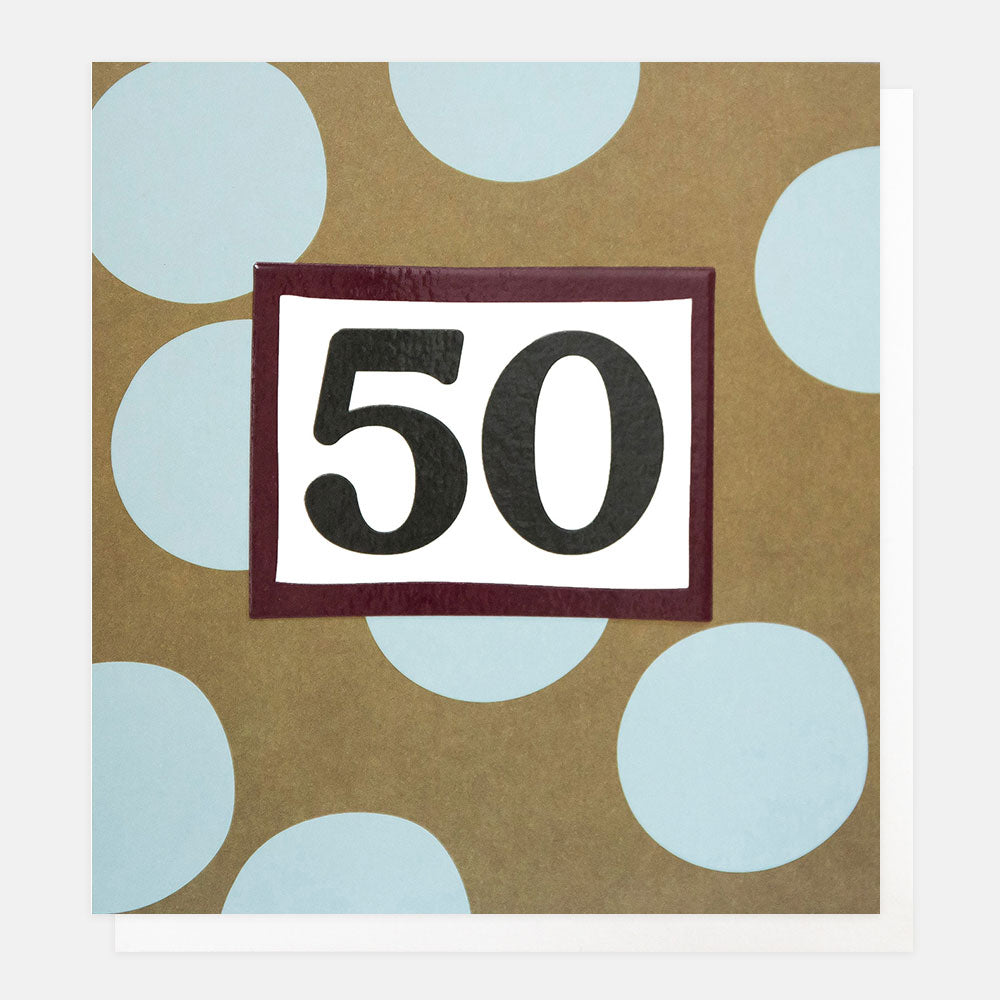 green with blue spots and 50 in a burgundy box, 50th birthday card