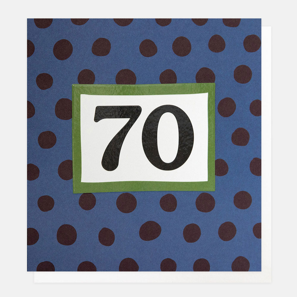 blue with burgundy spots 70th birthday card