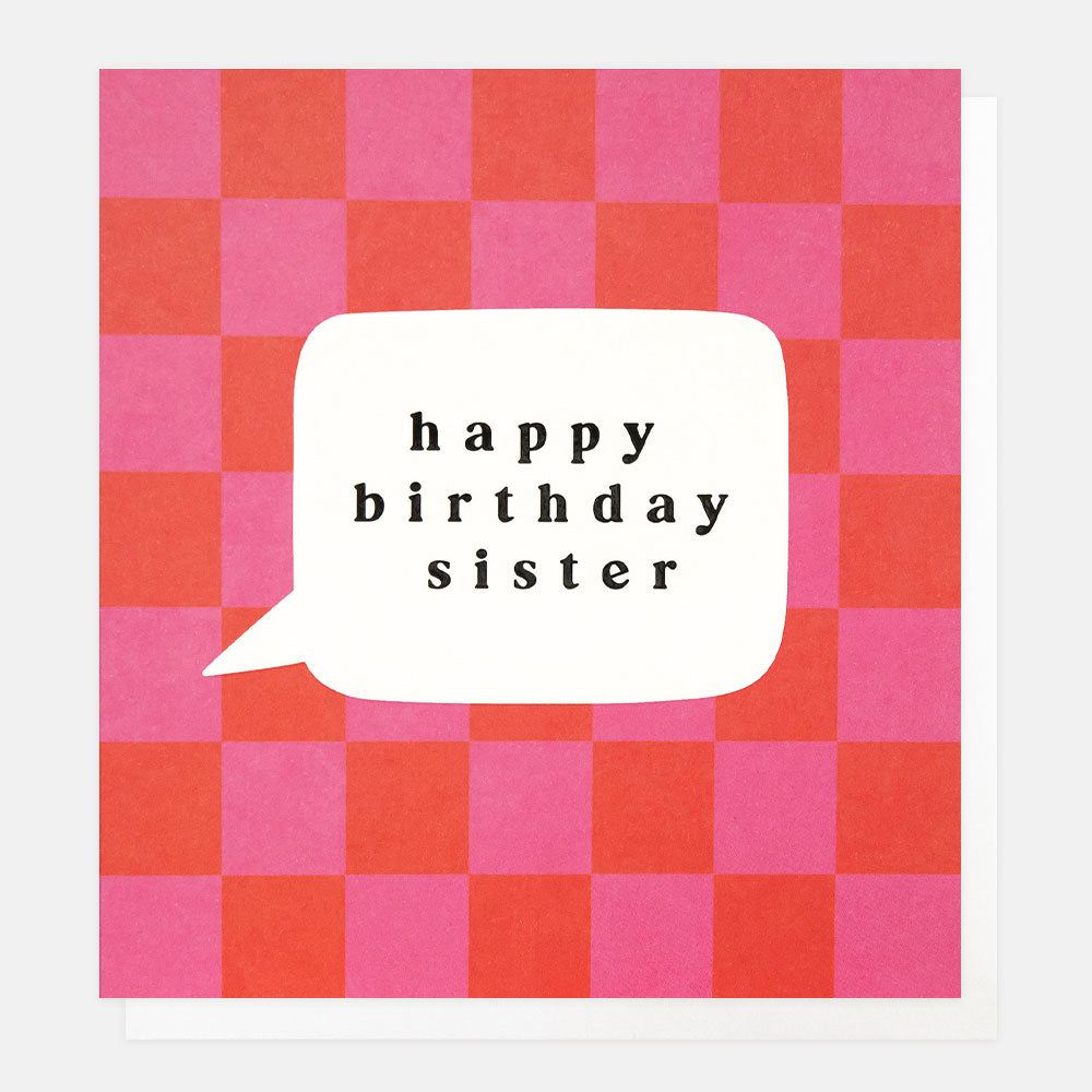 pink & red check happy birthday sister card