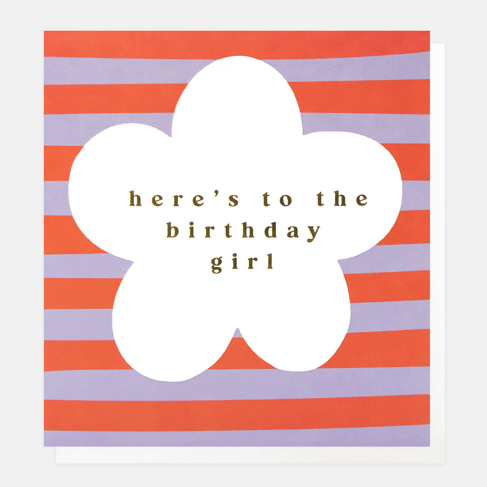 lilac & orange stripe with flower design here's to the birthday girl card