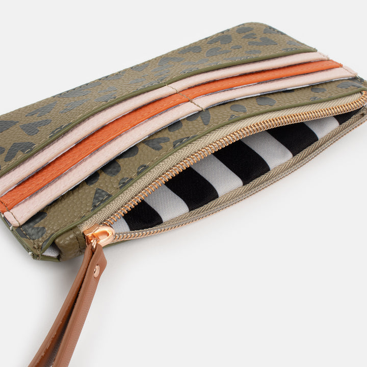 khaki and black hearts long patch purse with black and white striped lining