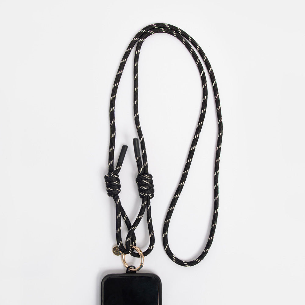 black & white cord long crossbody phone strap with gold o-ring and universal phone case adapter