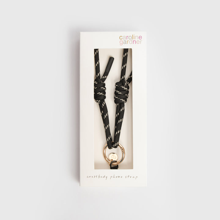 black & white cord long crossbody phone strap in 'caroline gardner' branded box