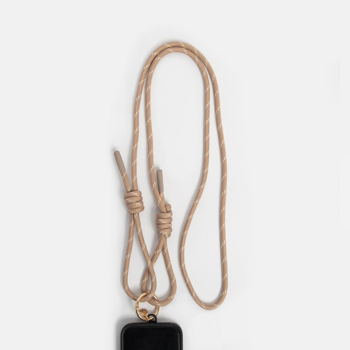 taupe & white cord long crossbody phone strap with gold o-ring and universal phone case adapter