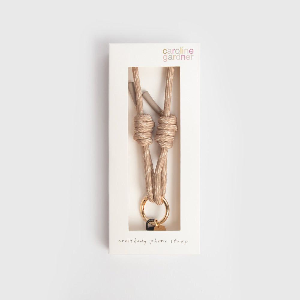 taupe & white cord long crossbody phone strap in 'caroline gardner' branded box