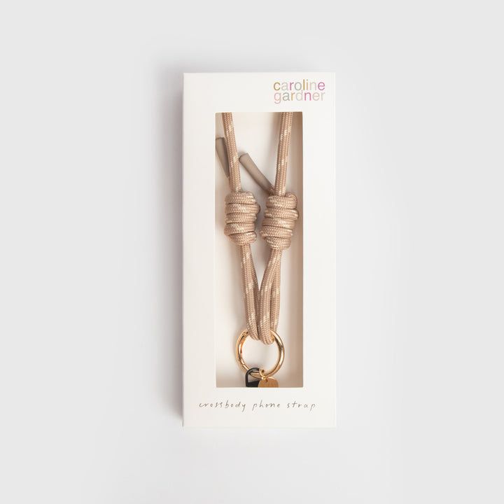 taupe & white cord long crossbody phone strap in 'caroline gardner' branded box