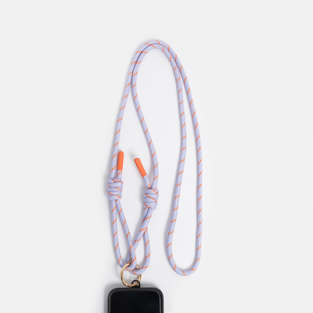 lilac & orange cord crossbody strap with gold o-ring and universal phone case adapter