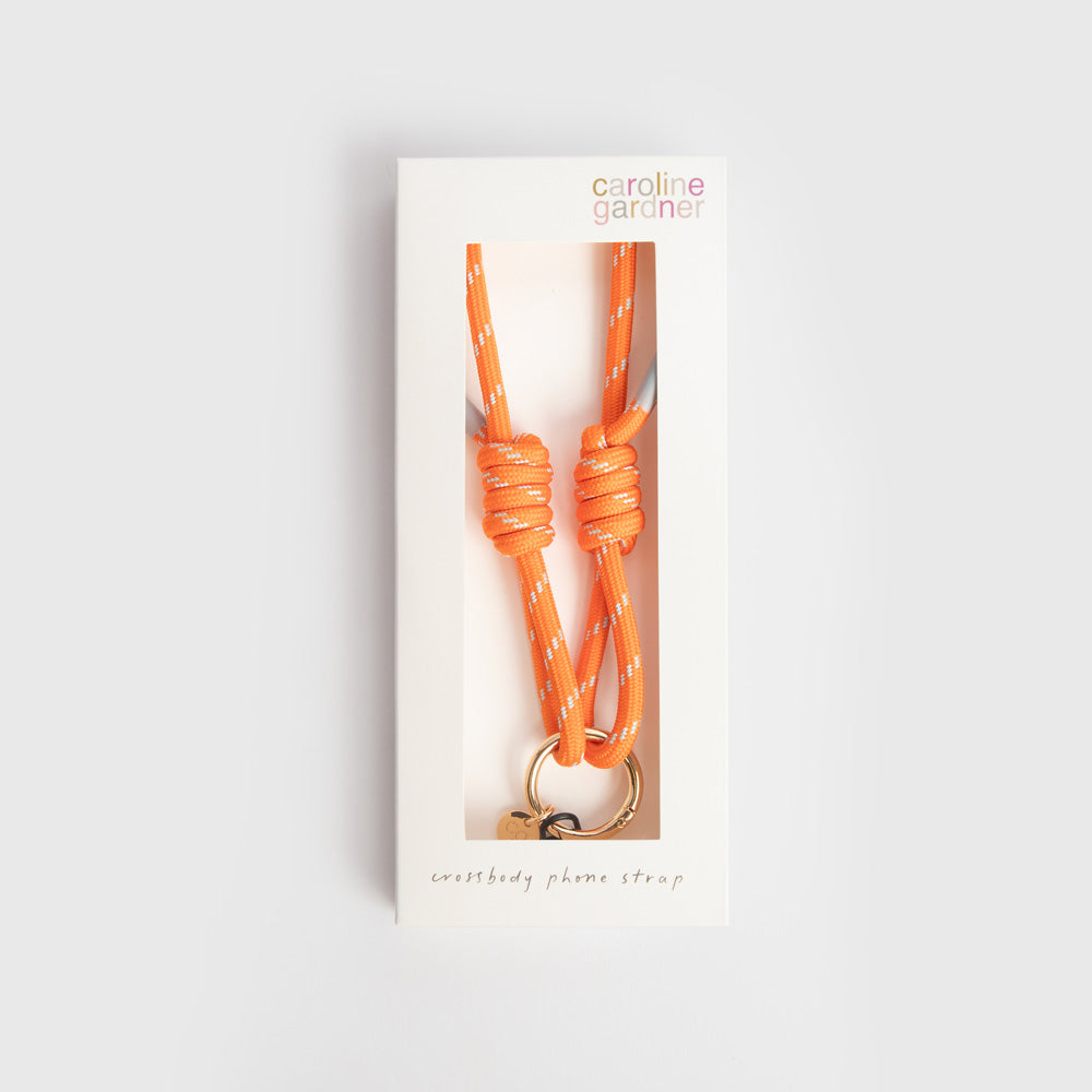 orange & light blue cord crossbody phone strap in 'caroline gardner' branded box