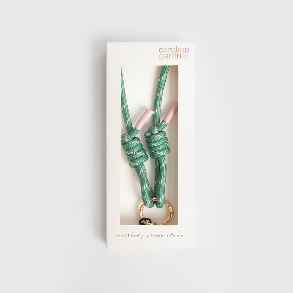 green & pink cord long crossbody phone strap in 'caroline gardner' branded box
