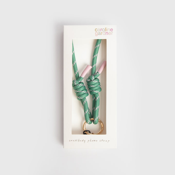 green & pink cord long crossbody phone strap in 'caroline gardner' branded box
