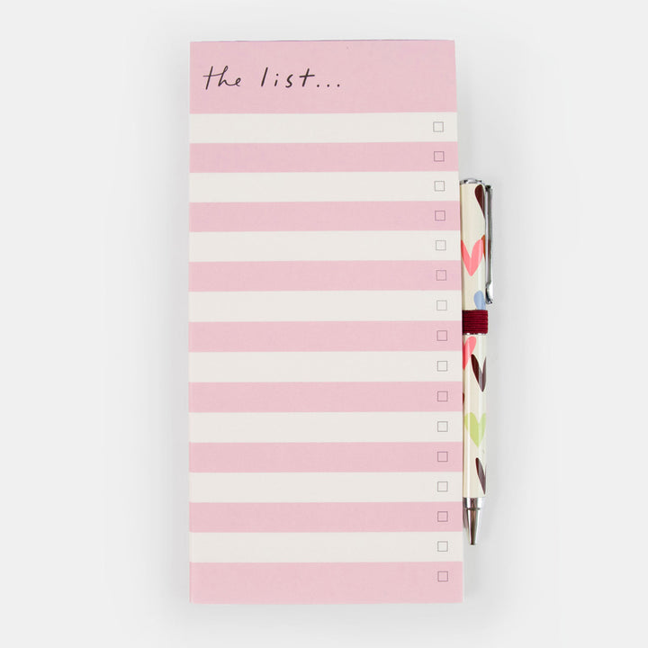 Pink and white striped notepad with the handwritten text 'the list.