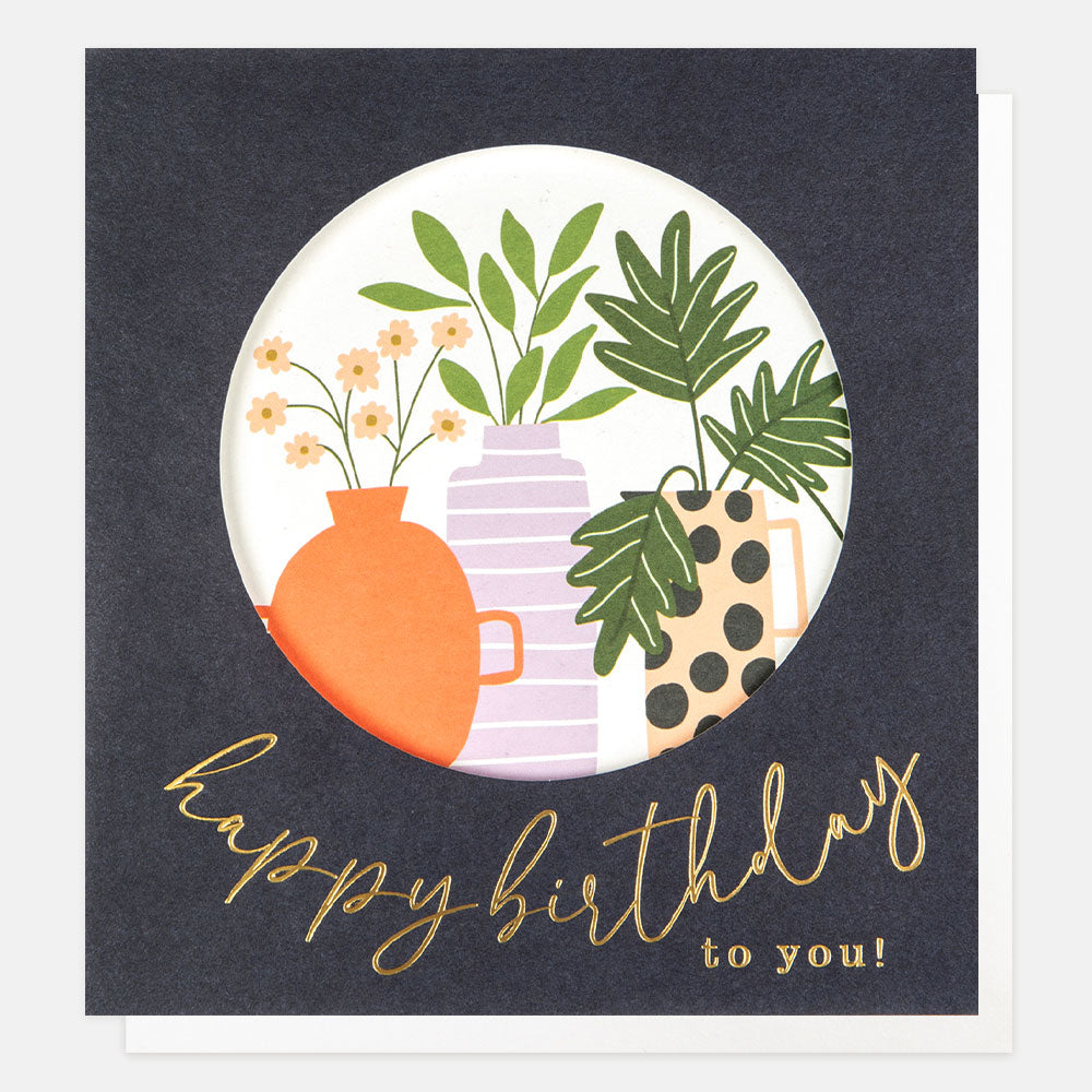 plants in colourful vases with gold letters happy birthday to you card