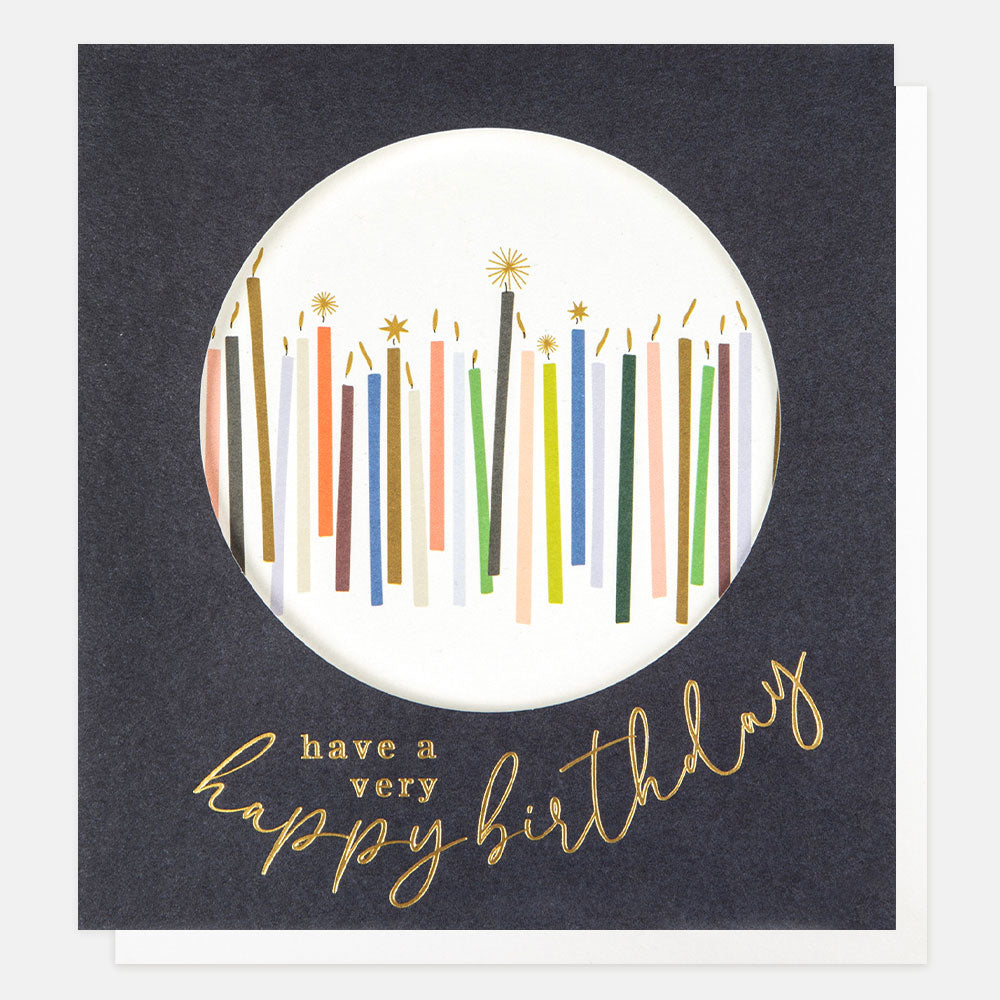 colourful candles with gold foil letters have a very happy birthday card