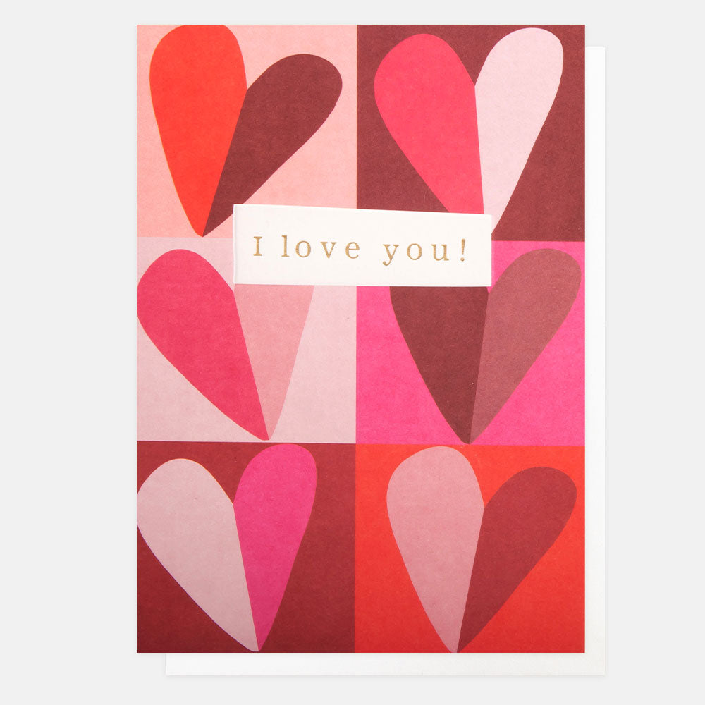 red & pink hearts grid print i love you card, for valentine's day, anniversary or birthday