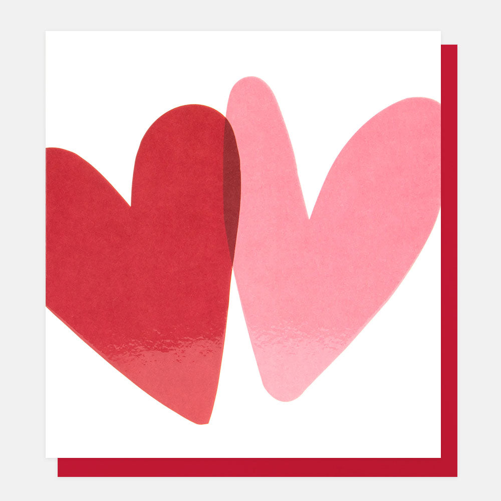 pair of red and pink overlapping hearts card, ideal for valentine's day, anniversary, birthday or just because 