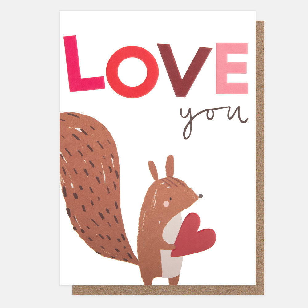 squirrel holding a red love heart love you card, ideal for valentine's day, anniversary or birthday