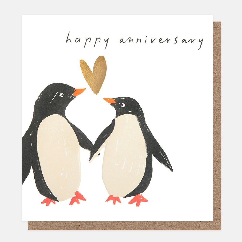 penguins with gold heart happy anniversary card