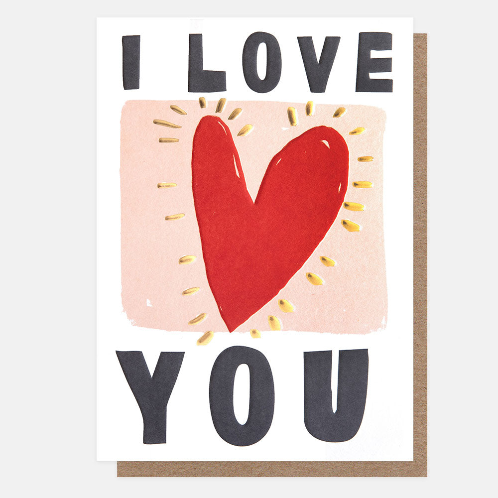 greetings card featuring a red heart with gold sunburst lines outside and the text i love you on a white background