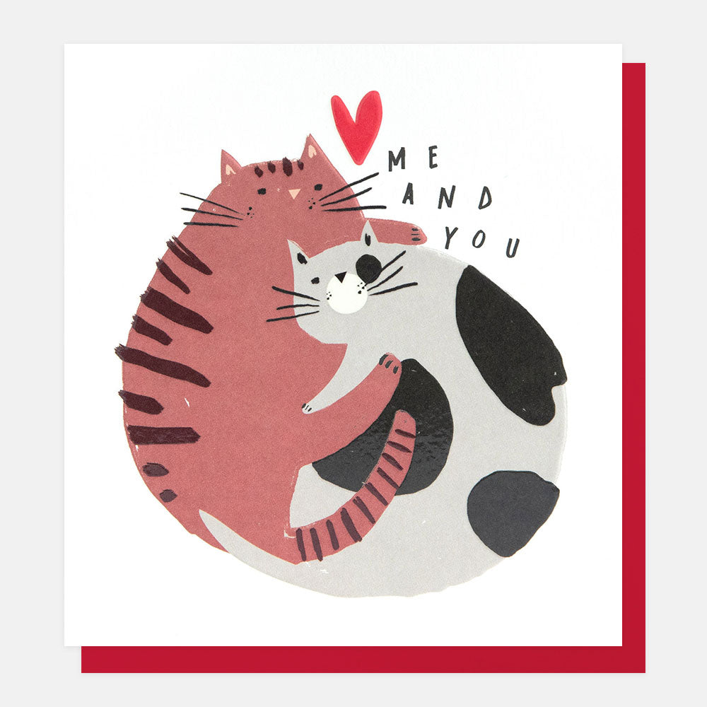 greetings card featuring two hugging cats with a red heart and the text 'me and you' on a white background