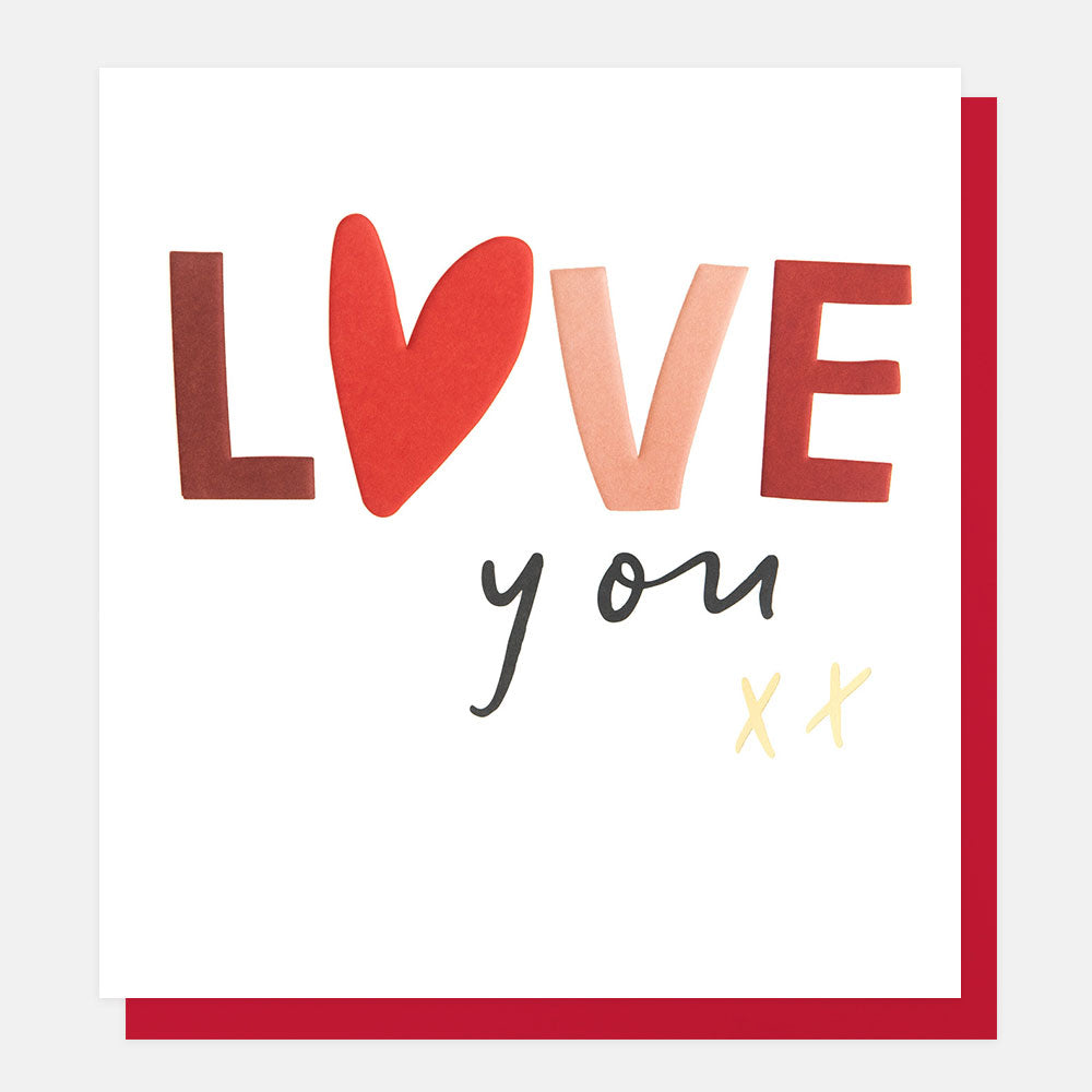 greetings card featuring the text love you xx with a red love heart on a white background