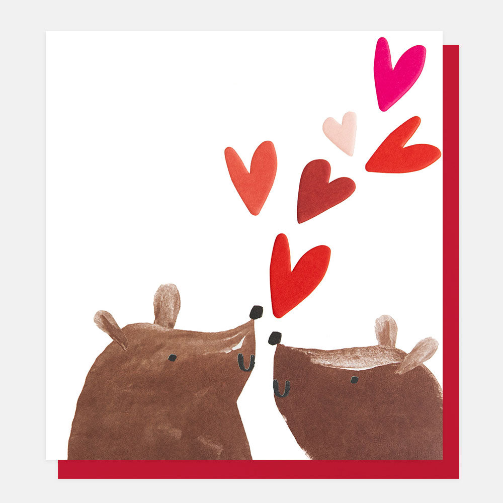 greetings card featuring 2 brown bears and red & pink love hearts on a white background