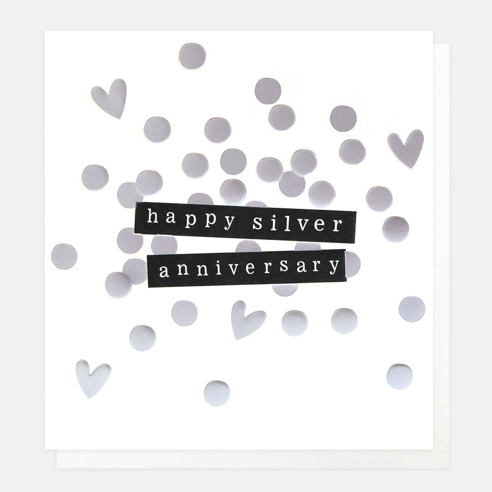 Card with 'happy silver anniversary' text surrounded by silver confetti on a white background