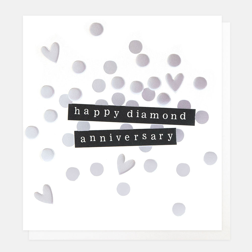 60th anniversary card featuring silver hearts & spots confetti and the text 'happy diamond anniversary'