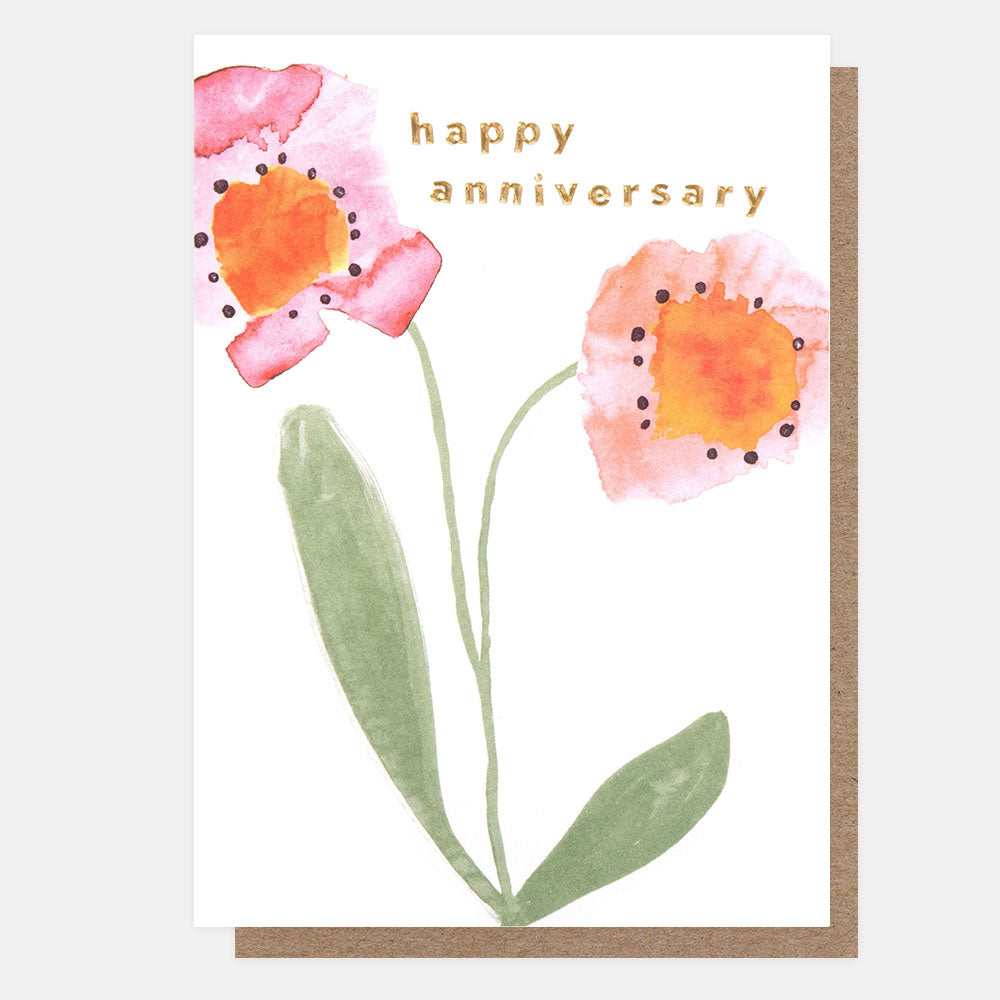 anniversary card featuring watercolour pink & orange flowers and the text 'happy anniversary' in gold