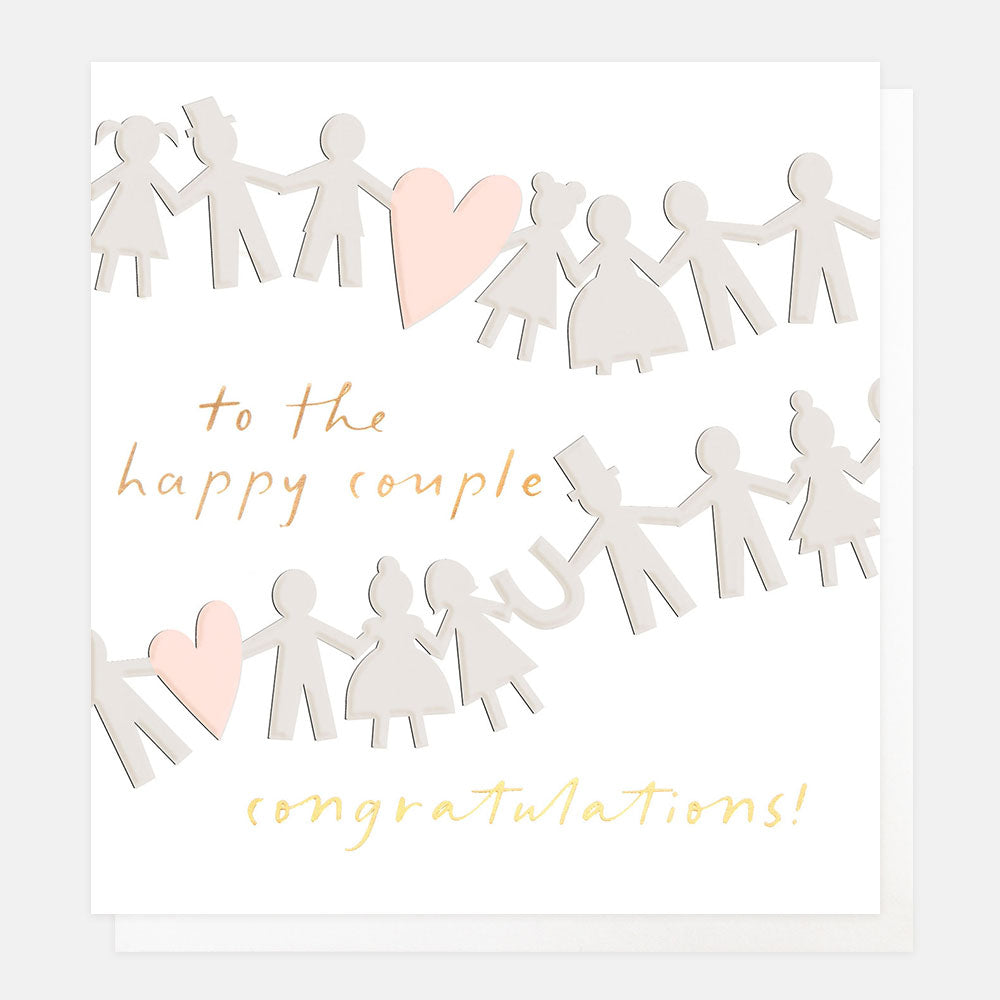 wedding card featuring two strings of paperchain people with pink hearts and a horse shoe and the text 'to the happy couple, congratulations' in gold
