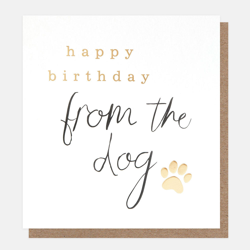 birthday card from the dog with gold foil lettering and paw print