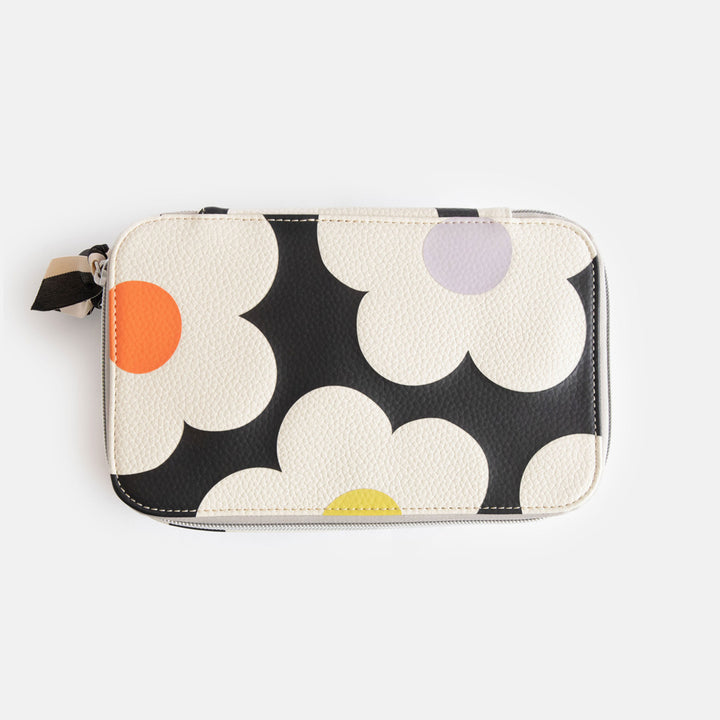 leather look PU make up organiser case in colourful flowers on charcoal design, with two zipped compartments and striped grey lining