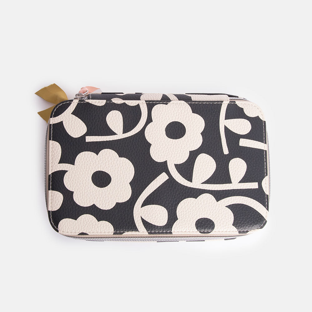 monochrome flower print make up organiser with 2 internal compartments with brush dividers