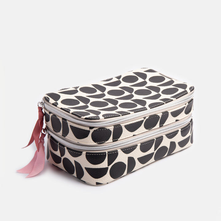 leather look PU make up organiser case in monochrome abstract geometric shapes design