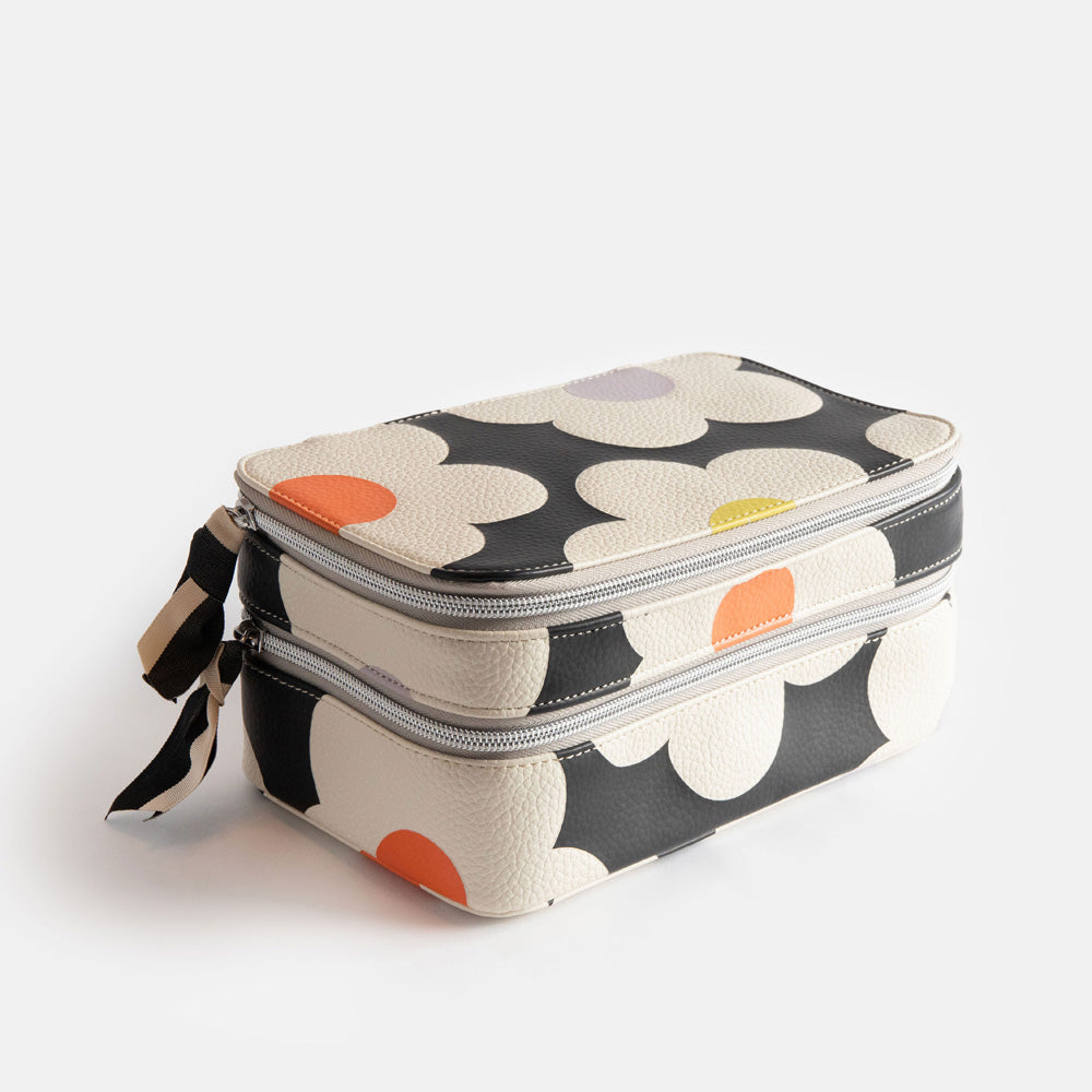leather look PU make up organiser case in colourful flowers on charcoal design, with two zipped compartments