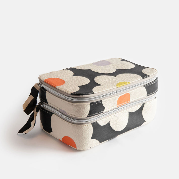 leather look PU make up organiser case in colourful flowers on charcoal design, with two zipped compartments
