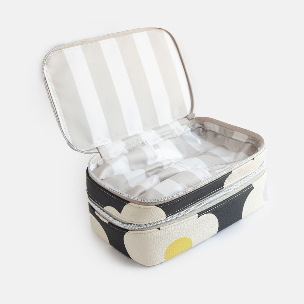 leather look PU make up organiser case in colourful flowers on charcoal design, with two zipped compartments and striped grey lining