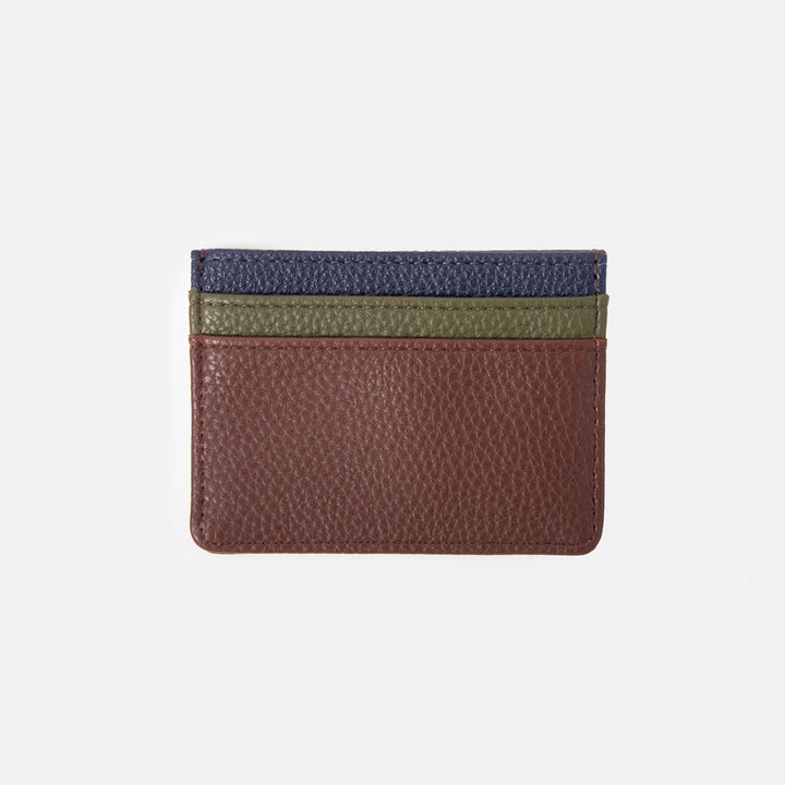 dark purple leather look card holder wallet with navy blue and khaki green contrast trim card slots on a white background