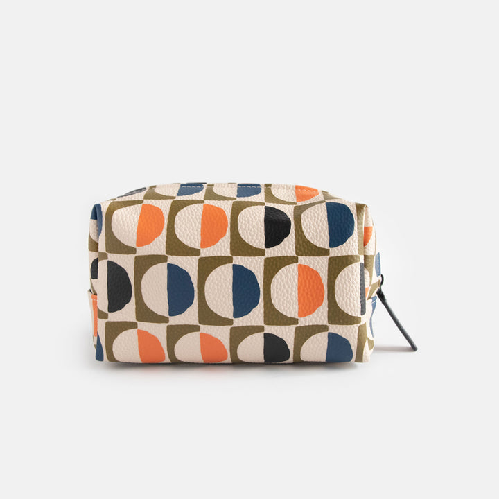 vegan leather look wash bag in green, blue, white & orange retro geometric circles print