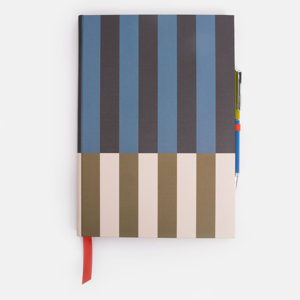 casebound note & pen set in blue & khaki block stripe design