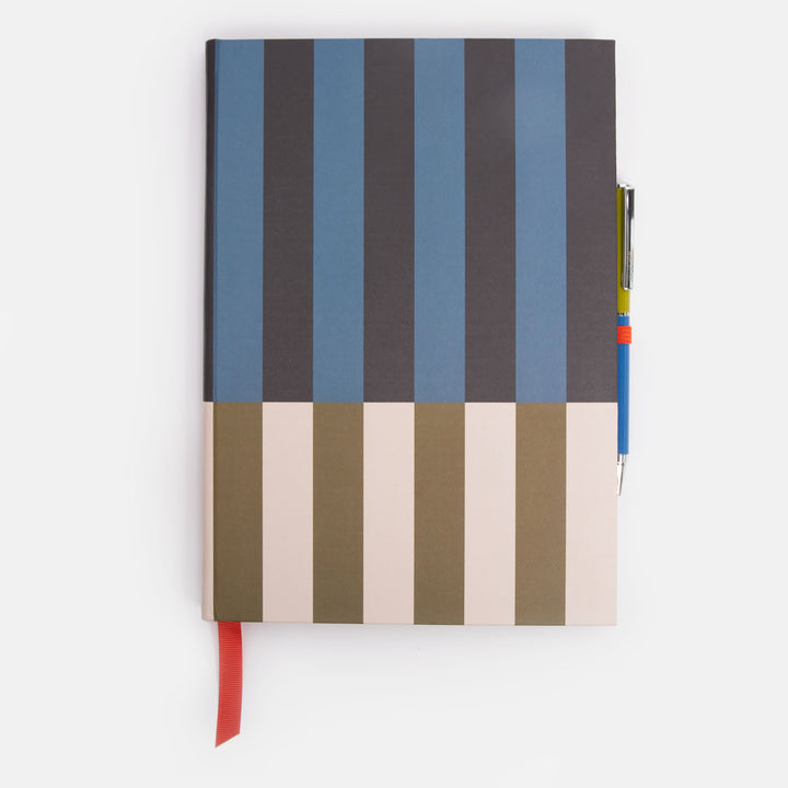 casebound note & pen set in blue & khaki block stripe design