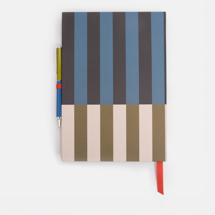casebound note & pen set in blue & khaki block stripe design