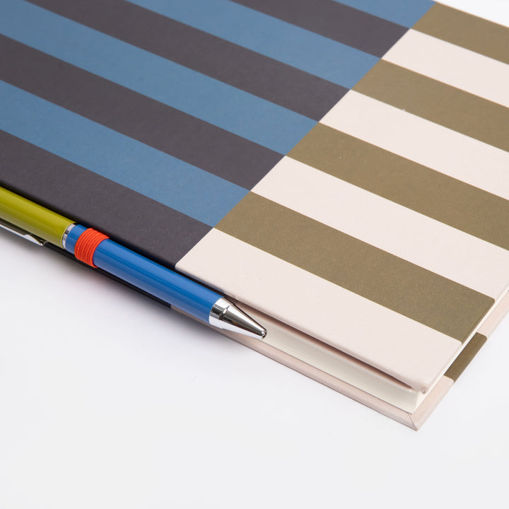 casebound note & pen set in blue & khaki block stripe design