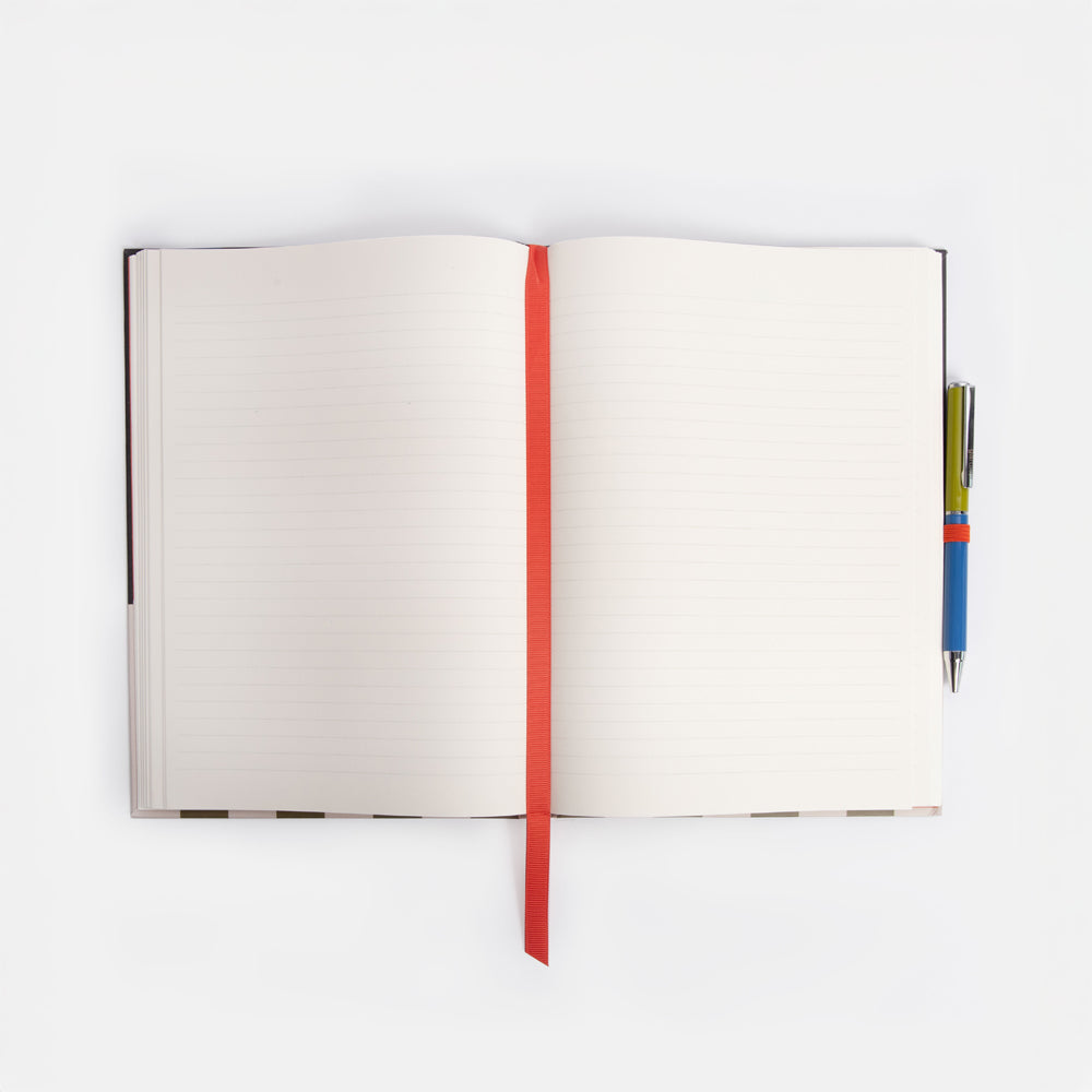 casebound note & pen set inner, showing lined pages and red page marker ribbon