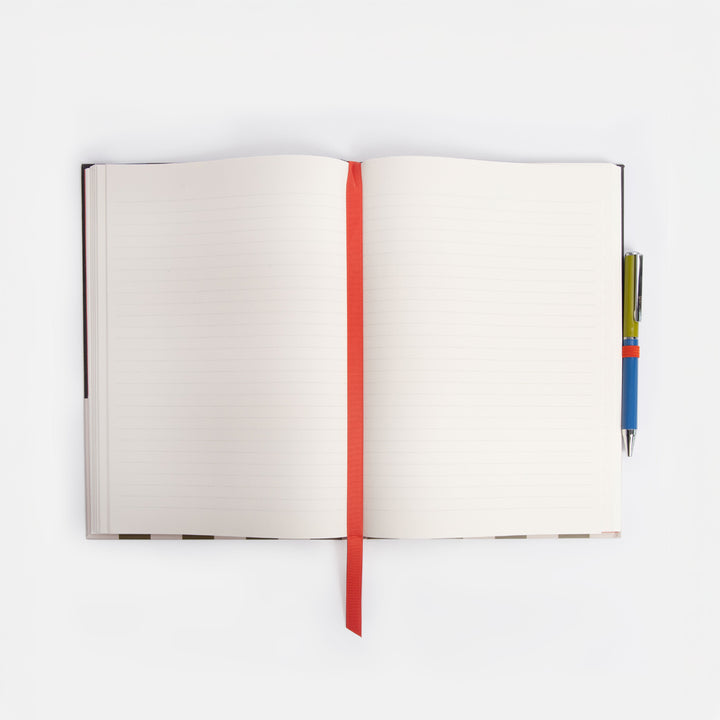 casebound note & pen set inner, showing lined pages and red page marker ribbon